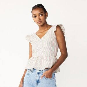Draper James Pink and White Striped Ruffle Sleeve Peplum Top